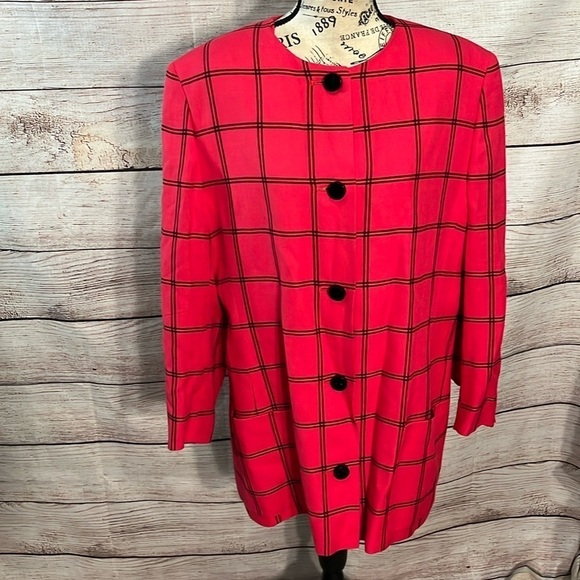 Vintage Jaeger Blazer Red Plaid Size 14 Linen Blend Great Britain Window Pane - Picture 1 of 12